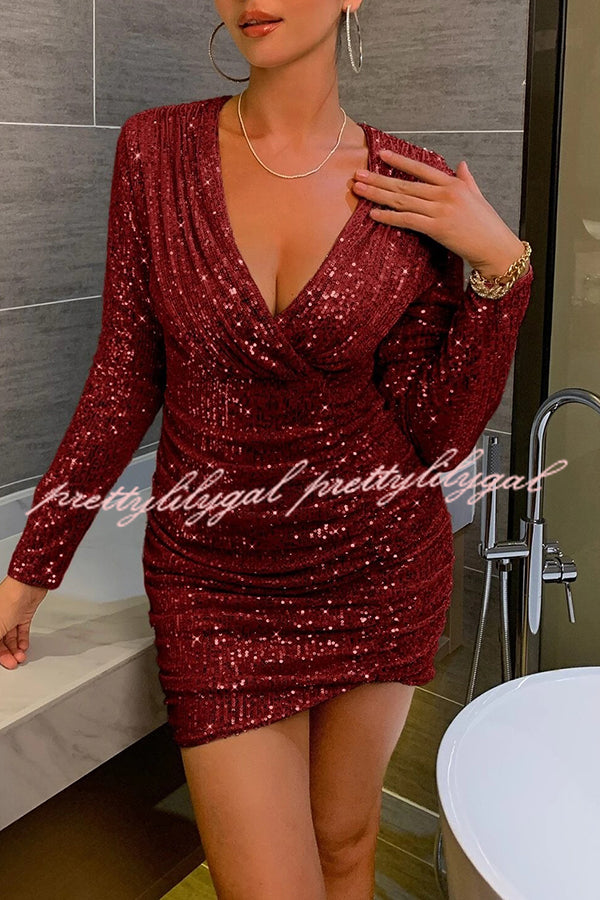 V Neck Wrap Hip High Waist Sequin Mini Dress