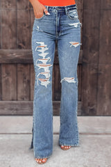Women's washed ripped flared jeans