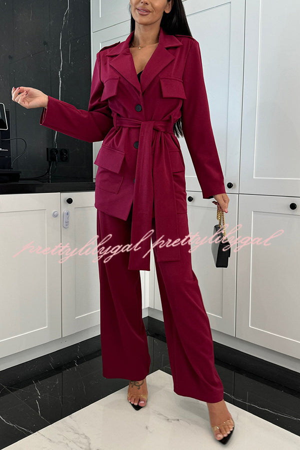 Business Needs Button Up Flap Pocket Belted Lapel Loose Jacket