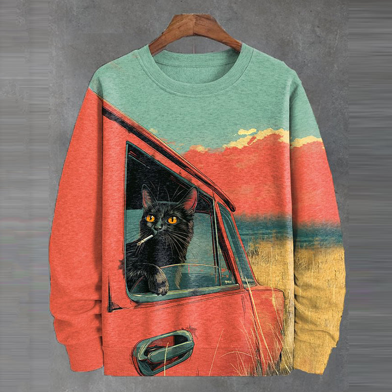 Men's Cat Smoking In The Car Sunset Scenery Art Print Sweatshirt