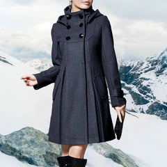 Hooded Double-Breasted Mid-Length Wool Coat