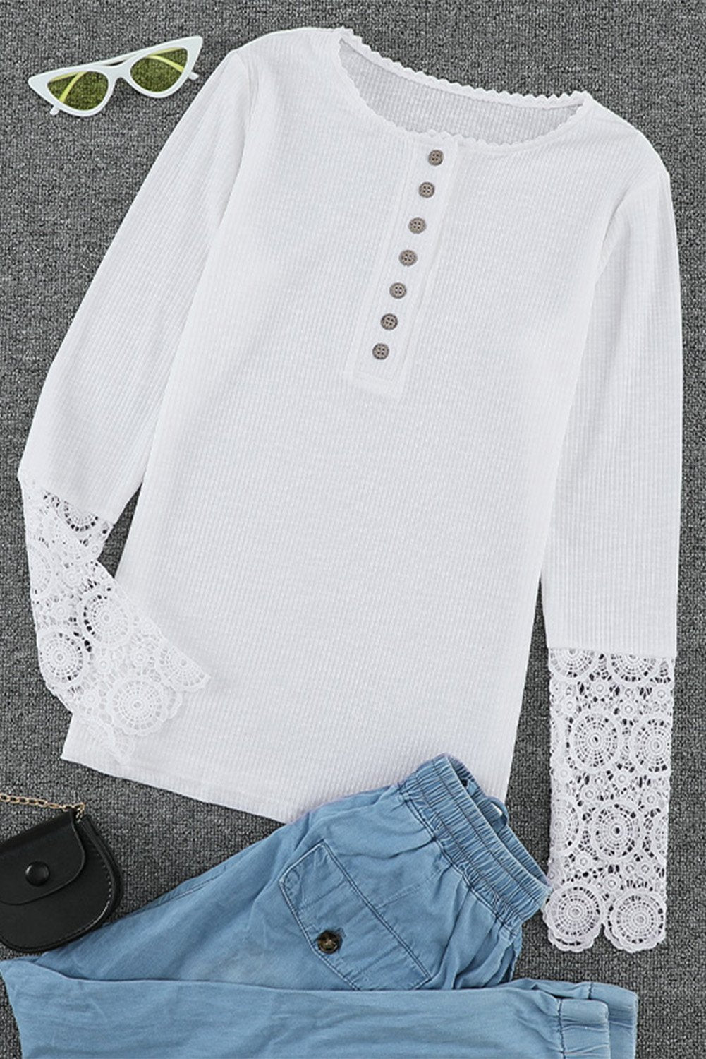 Women's Chic White Crochet Lace Hem Sleeve Button Top