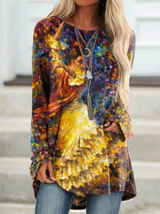 Oil Painting Ballerina Print Long Sleeve Tunic