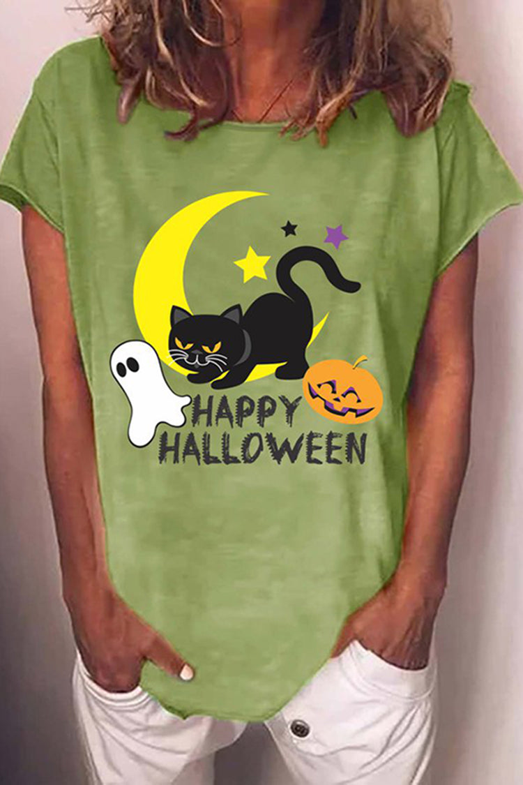 Halloween Cat Print Casual Crewneck T-Shirt