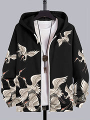 Japanese Art Crane Print Casual Zip Hoodie