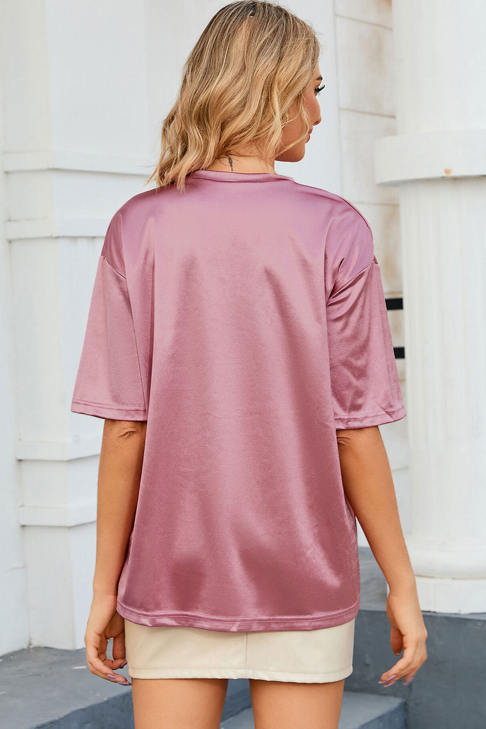 Women's Pink Chest Pocket Loose Fit T Shirt