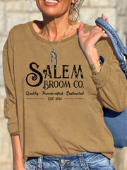 Halloween Salem Broom Co Print Crew Neck Long Sleeve Sweatshirt