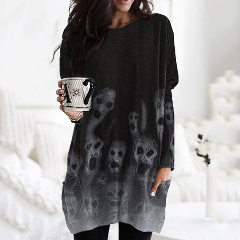 Women's Halloween Vintage Skull Print Pocket Long Sleeve Tunic