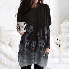 Women's Halloween Vintage Skull Print Pocket Long Sleeve Tunic