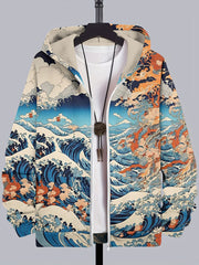Japanese Art Wave Print Casual Zip Hoodie