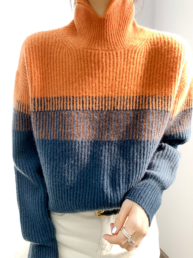 Turtleneck Versatile Gradient Contrast Knit Sweater