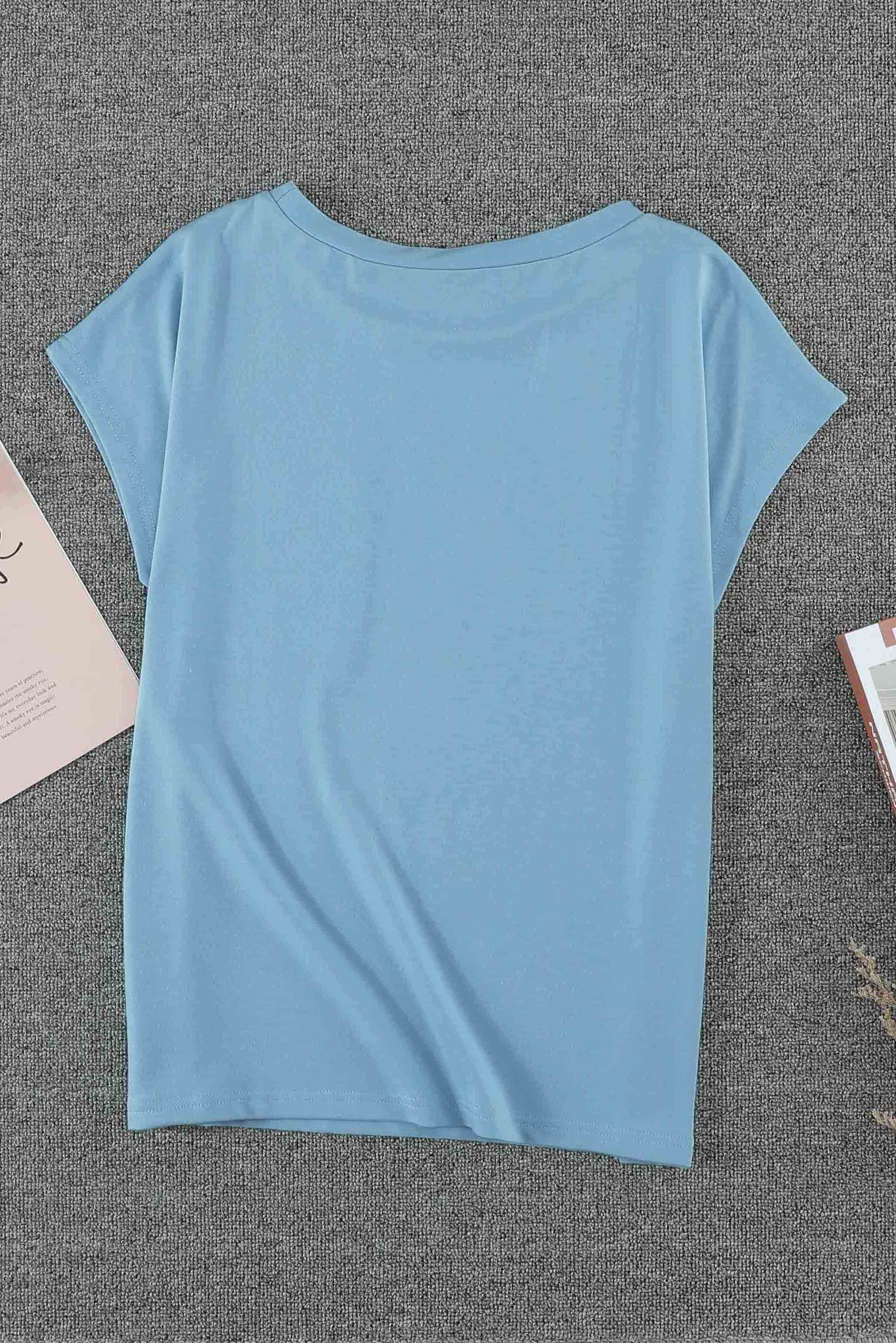 Women's Sky Blue Knit Pocketed Side Slits Short Sleeve Tee