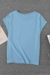 Women's Sky Blue Knit Pocketed Side Slits Short Sleeve Tee
