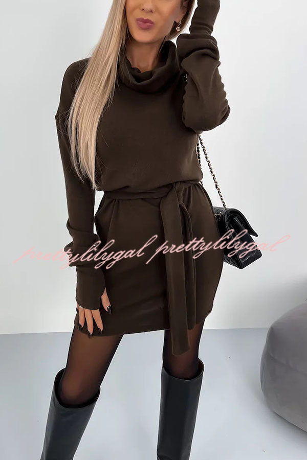 Let's Stay In Soft Belted Turtleneck Dress