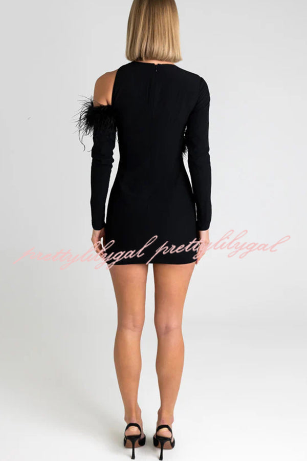 Sexy and Exquisite Feather Detail Cutout Long Sleeve Mini Dress