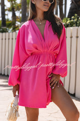 Solid Color Long Sleeve V-neck Elastic Waist Mini Dress