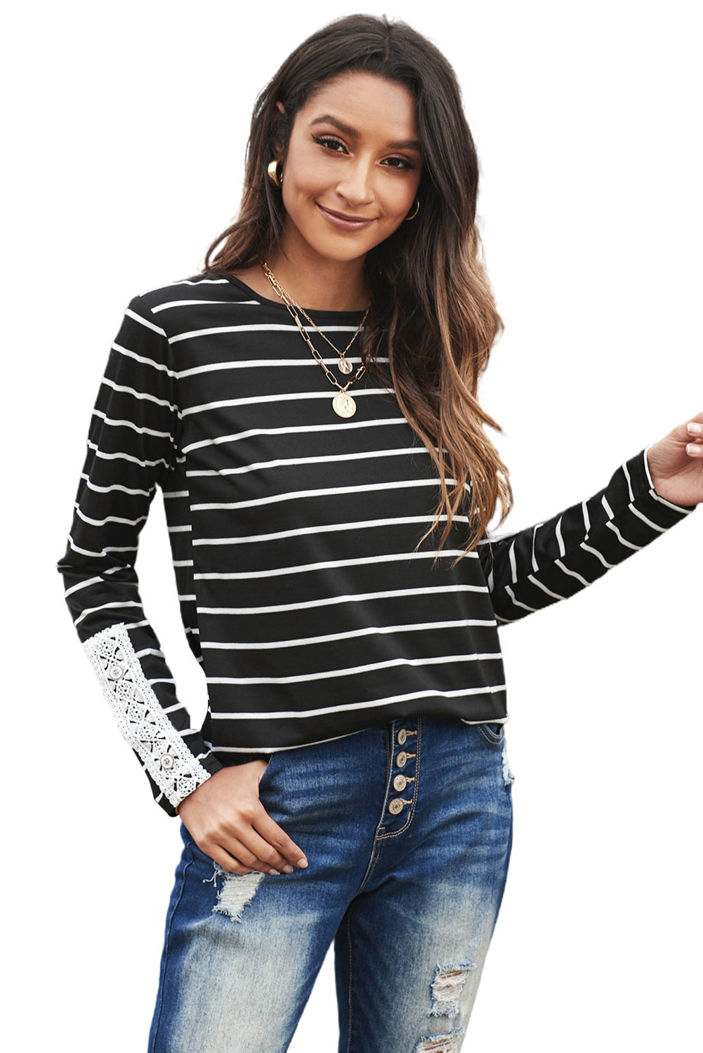 Women's Black White Striped Lace Button Detail Long Sleeve Top
