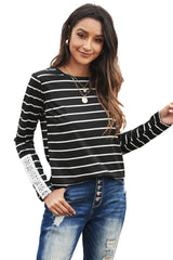 Women's Black White Striped Lace Button Detail Long Sleeve Top
