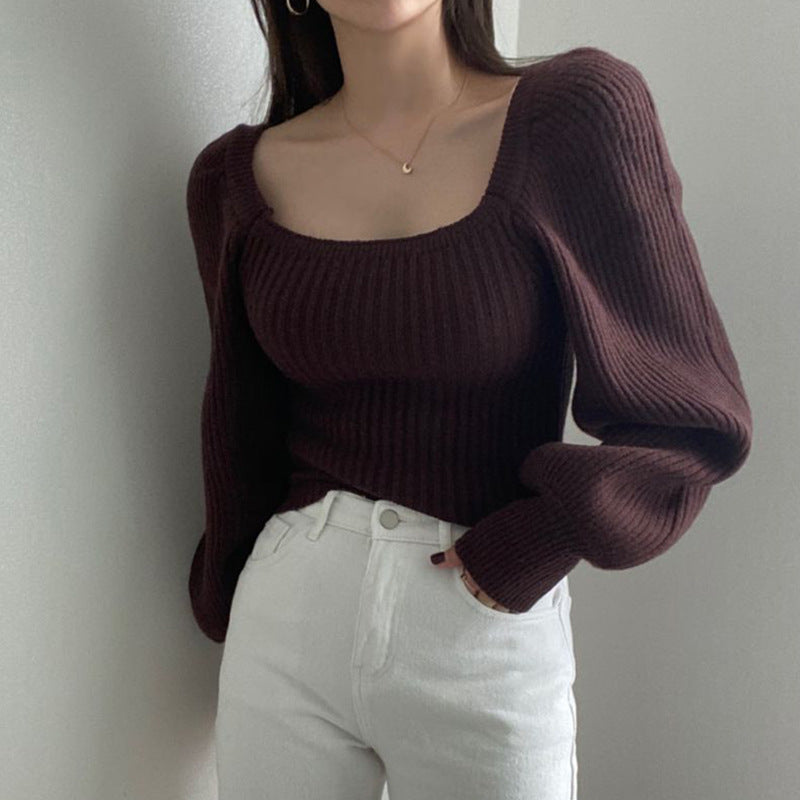 Plain Knit Top With Square Collar And Bubble Sleeves