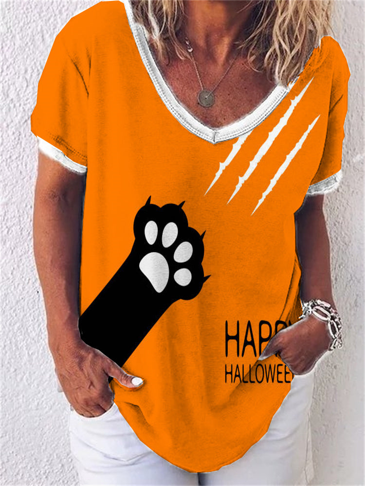 Happy Halloween Paw Print V Neck T Shirt