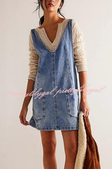 Solid Color Sleeveless V-neck Pocket Adjustable Denim Suspender Mini Dress