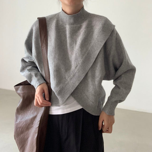 Loose Irregular Cross Knitted Sweater With Standing Collar
