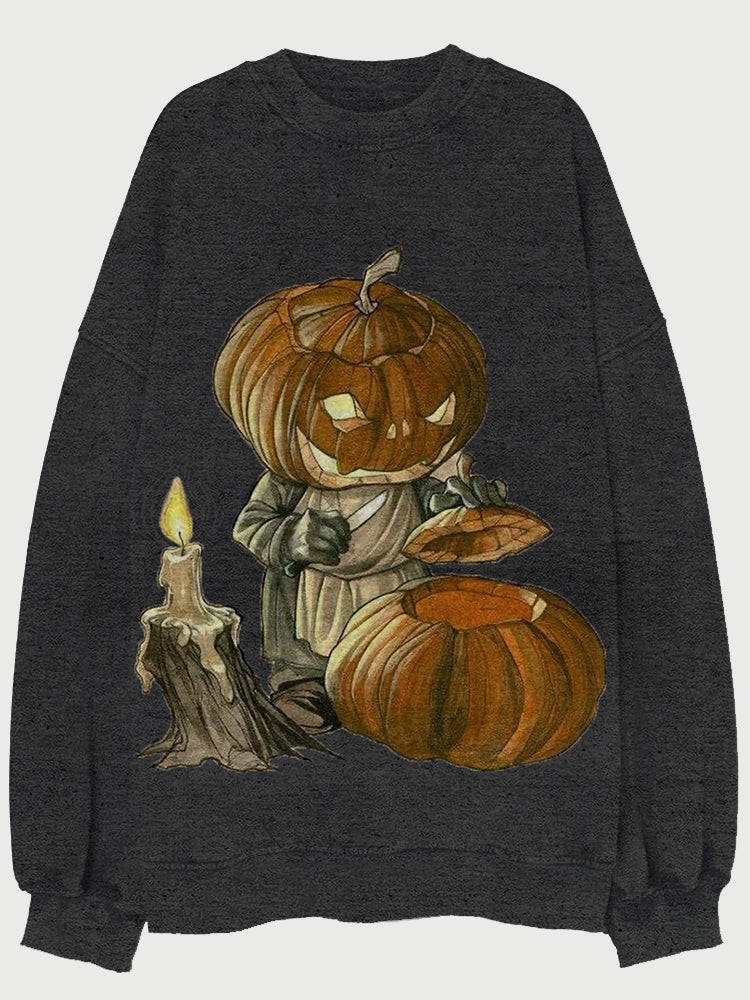 Vintage Pumpkin Ghost Art Print Washed Sweatshirt