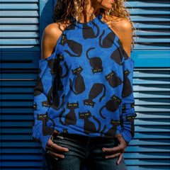 Halloween Cat Print Off-The-Shoulder T-Shirt