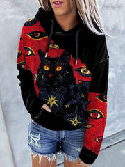 Halloween Cat Print Long Sleeve Hoodie