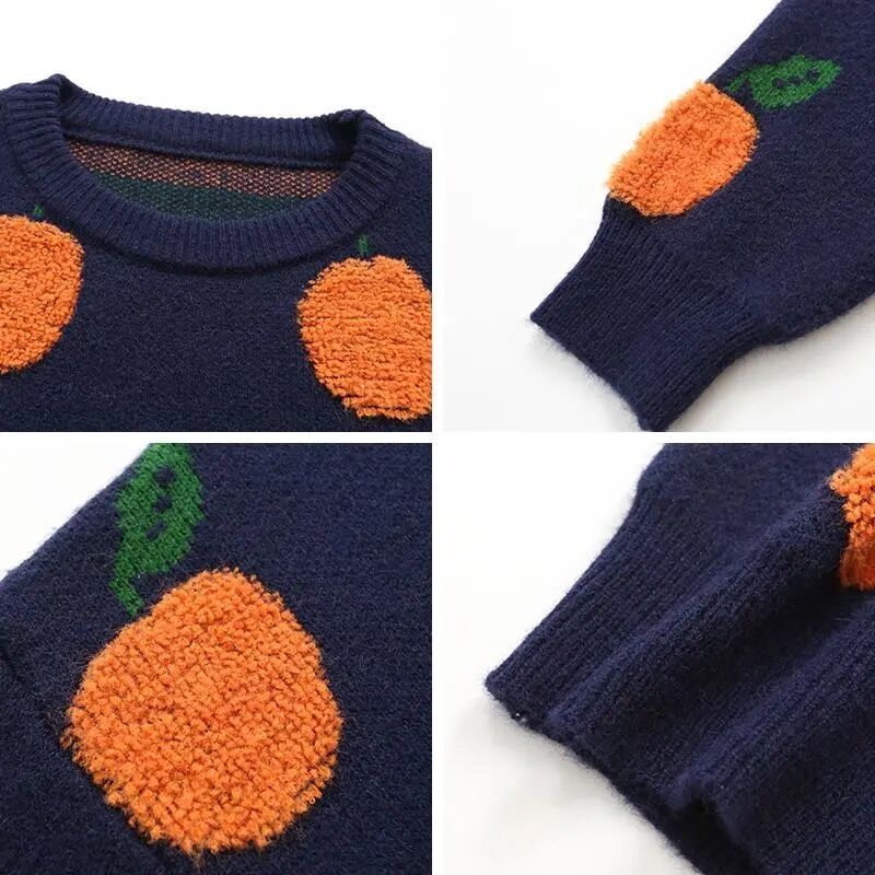 Orange Jacquard Casual Round Neck Sweater