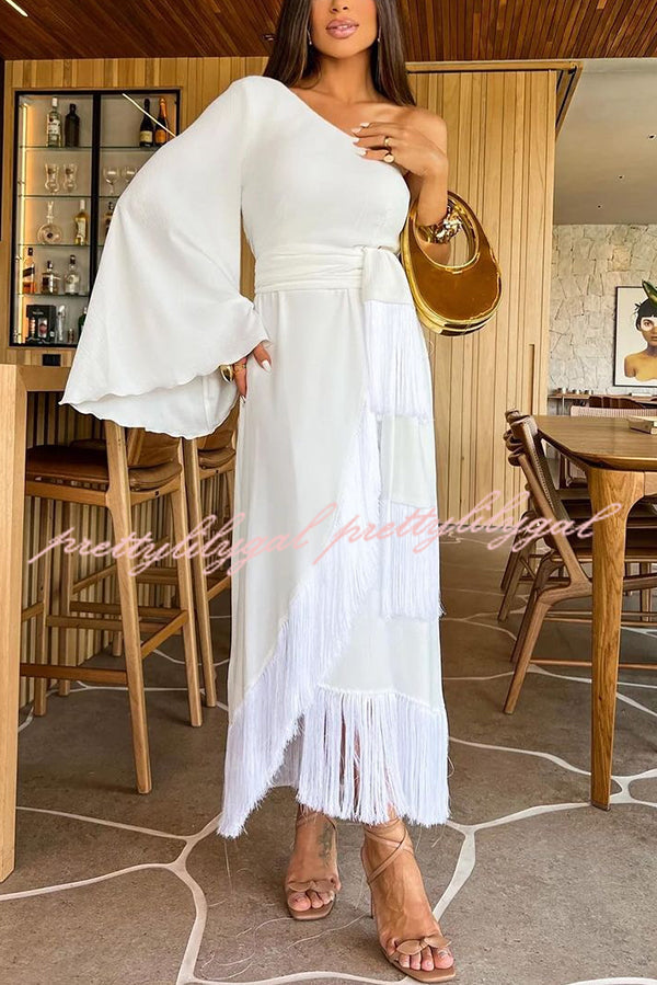 Solid Color One-sleeve Waisted Lace-up Fringed Hem Elegant Maxi Dress