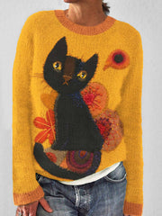 Autumn Cat & Maple Knit Crew Neck Cozy Sweater