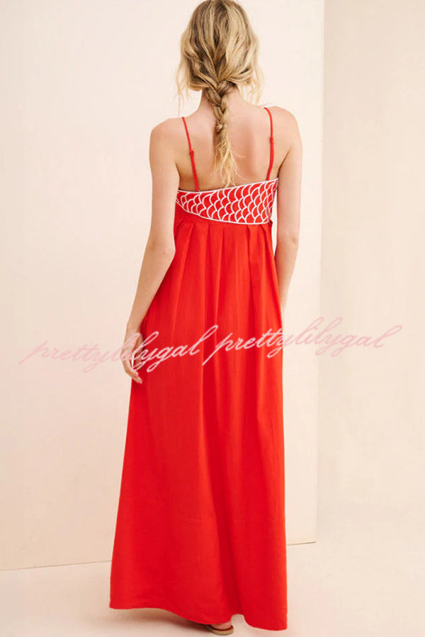Red Fish Embroidered Sling Backless Maxi Dress