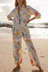Abstract Sea Creature Print Button Pockets Elastic Waist Pant Suit