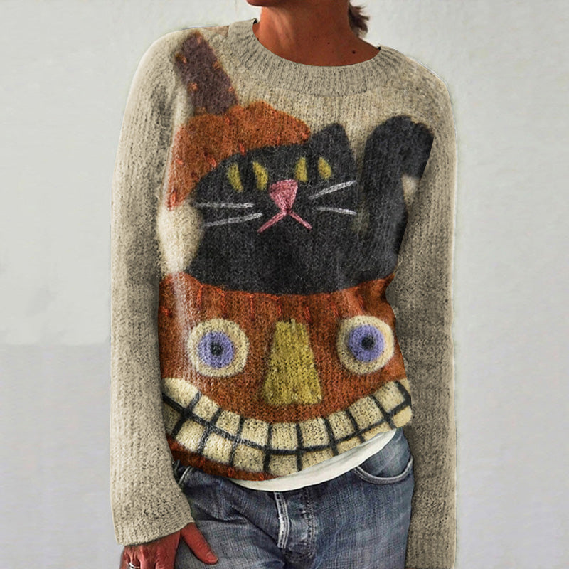 Pumpkin And Black Cat Halloween Print Women'S Sweater