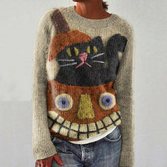 Pumpkin And Black Cat Halloween Print Women'S Sweater