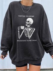Coffee Skull Print Long Sleeve Casual Sweatshirt