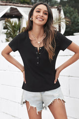Women's Black Short Sleeve Scoop Neck Buttoned Front Ribbed Knit Top