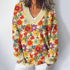 Flower Art Print V-Neck Cozy Knit Sweater