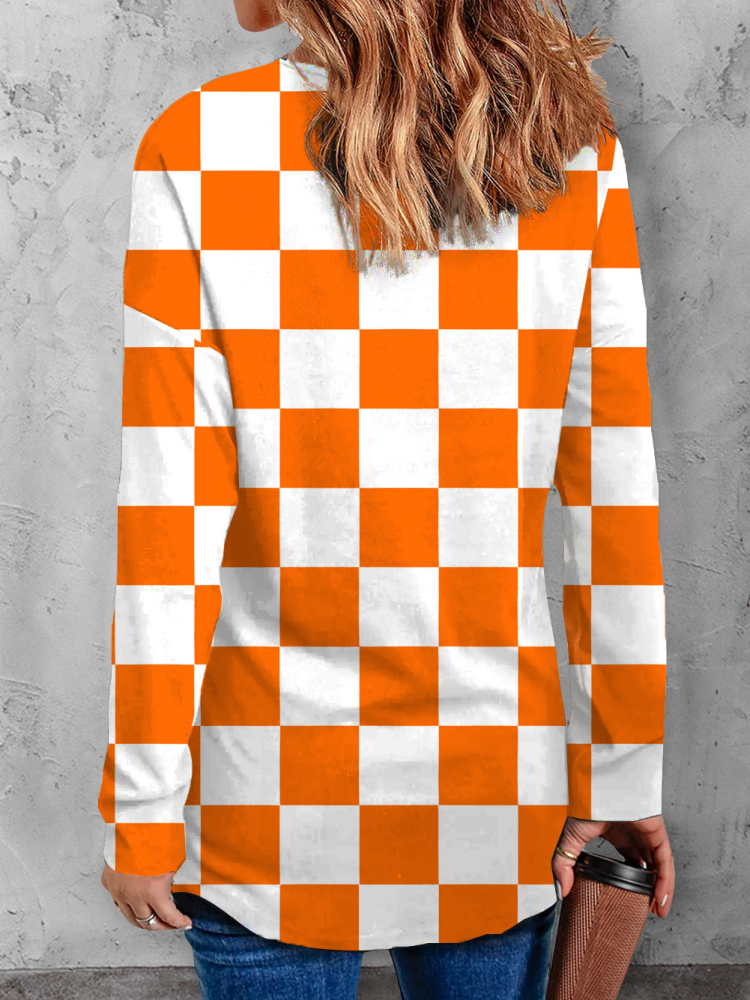 Orange Plaid V Neck Casual Tops