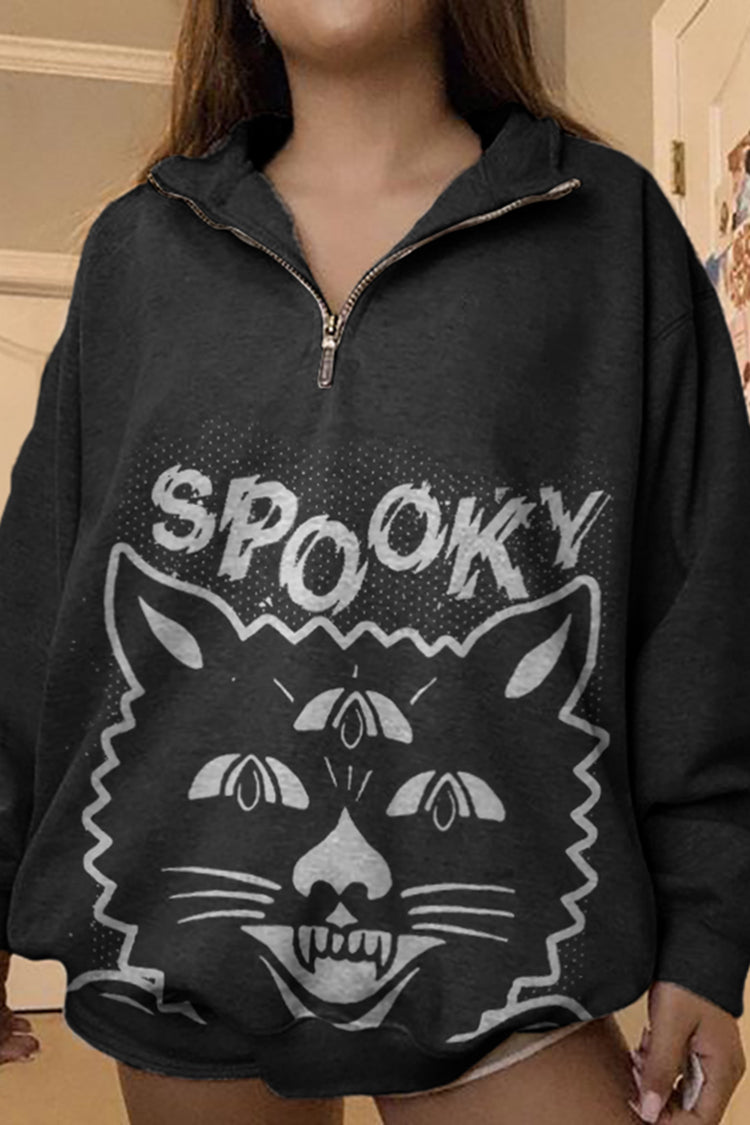 Long Sleeve Spooky Cat Print Sweatshirt