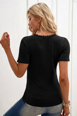 Women's Black Crew Neck Buttoned Ribbed Knit Short Sleeve Top