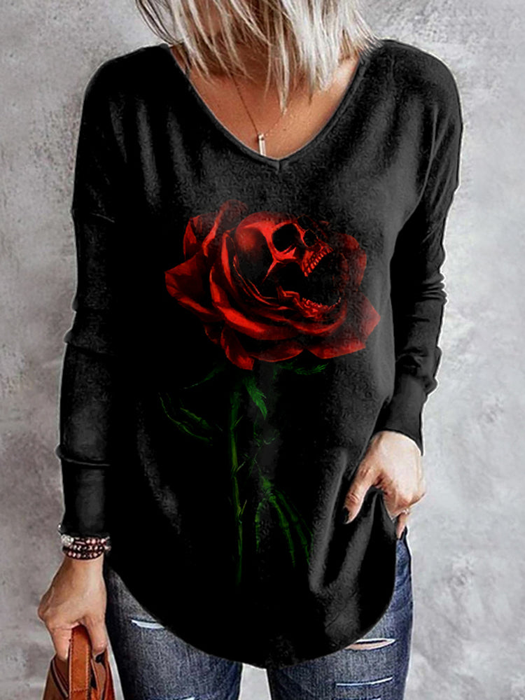 Rose Skull Print Long Sleeve T-Shirt