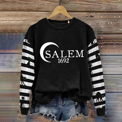 Salem 1692 Black Cat Stripe Contrast Print Crew Neck Sweatshirt