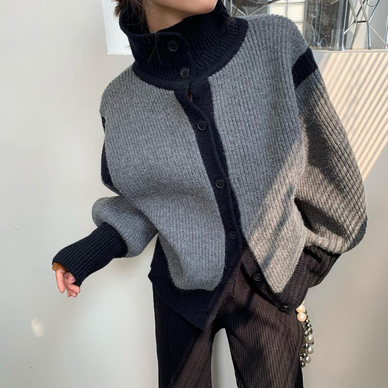 Loose soft waxy sweater with contrasting high neck