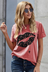 Women's Kiss The Lip Distressed Red Cotton Short Sleeve Tee