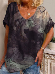Halloween Cat Print V-Neck T-Shirt