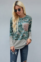 Women's Green Camo Stripe Pocket Sequins Splicing O-neck Long Sleeve Top
