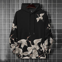 Japanese Art Crane Print Casual Hoodie