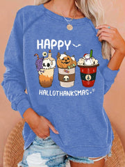 Happy Hallothanksmas Coffee Print Casual Sweatshirt